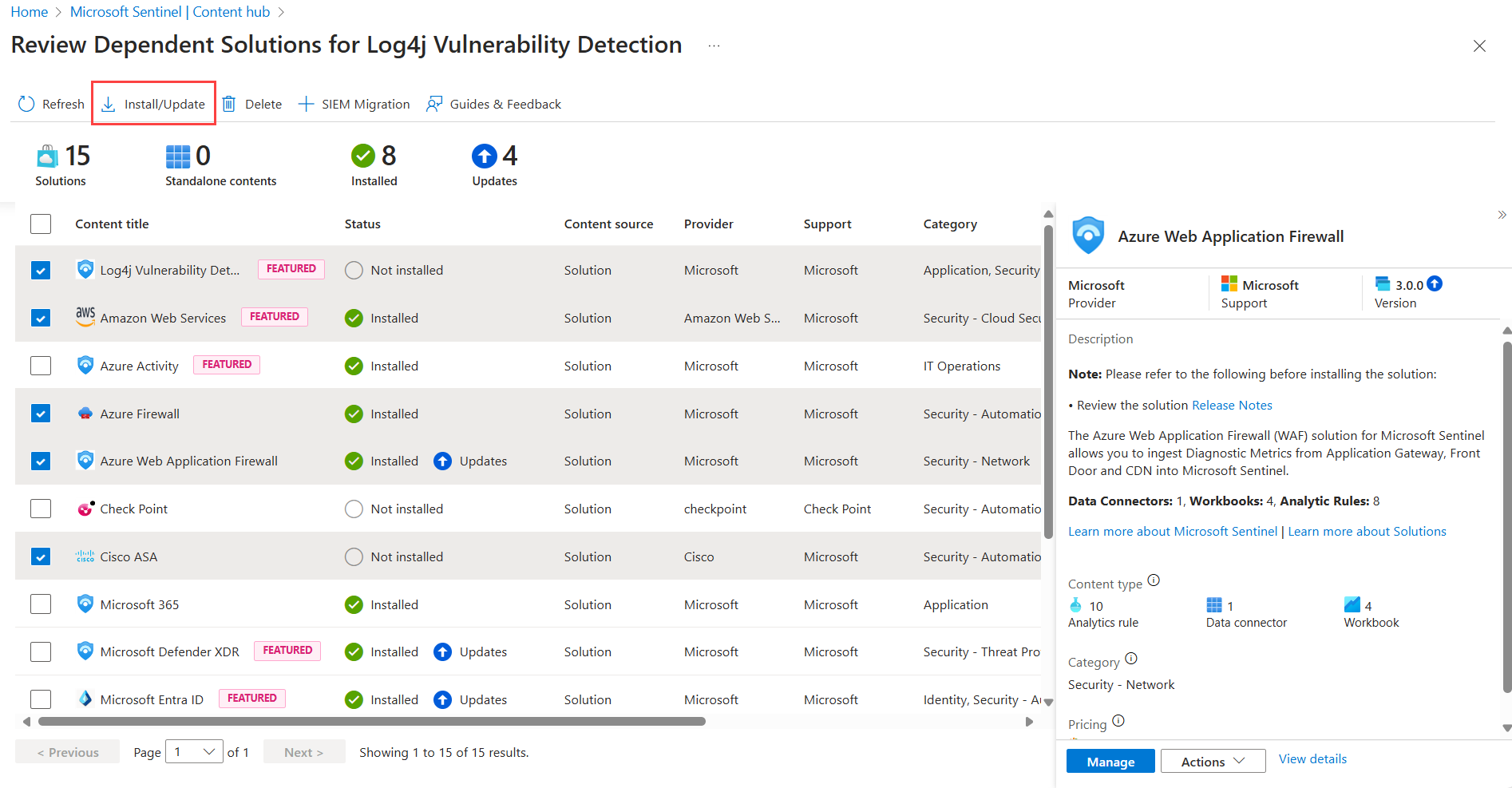 Recorte de pantalla de la instalación masiva de varias dependencias de solución.
