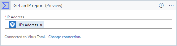 Captura de pantalla que muestra la acción para enviar una dirección IP a Virus Total para recibir un informe sobre ella.