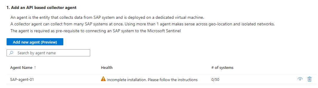 Recorte de pantalla de los estados de mantenimiento de los agentes recopiladores basados en API en la página del conector de datos SAP.