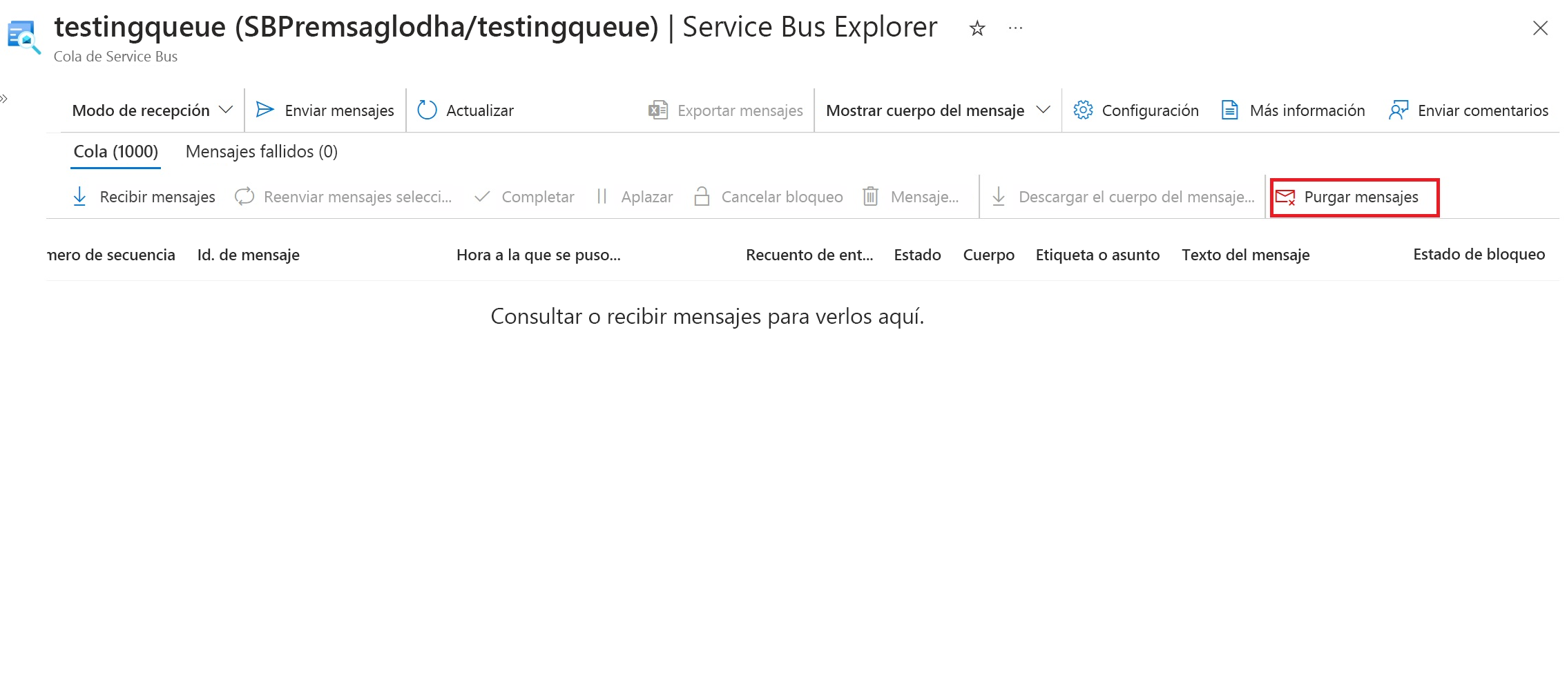 Captura de pantalla que indica el botón purgar mensajes.