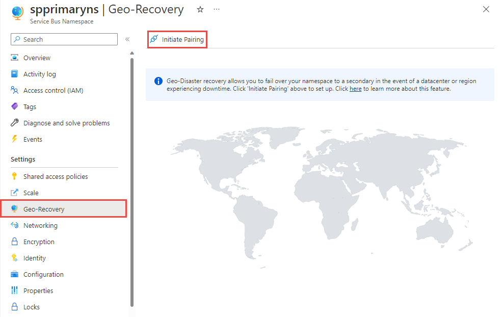 Captura de pantalla que muestra la página de recuperación geográfica con el vínculo de Iniciar emparejamiento seleccionado.