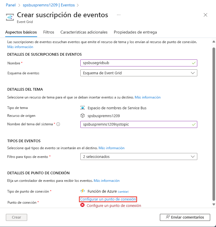 Recorte de pantalla que muestra la página Crear suscripción de eventos para un espacio de nombres de Service Bus.
