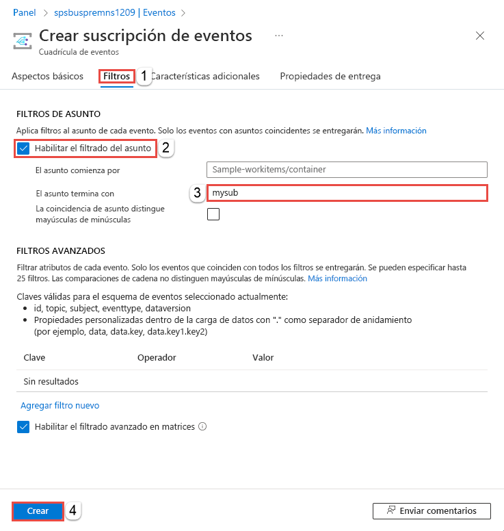 Recorte de pantalla que muestra la página Filtros de una suscripción de eventos.