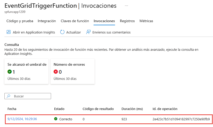 Recorte de pantalla que muestra la página Invocaciones de la función después de las invocaciones.