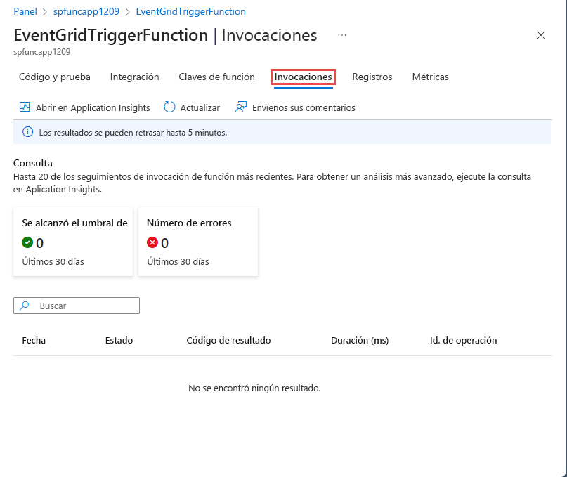 Recorte de pantalla que muestra la página Invocación de una función Desencadenador de Event Grid.