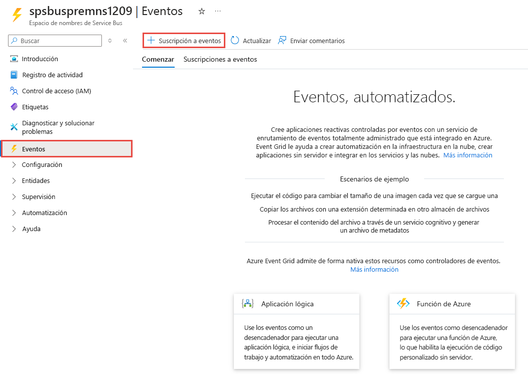 Recorte de pantalla que muestra la página Eventos de un espacio de nombres de Service Bus.