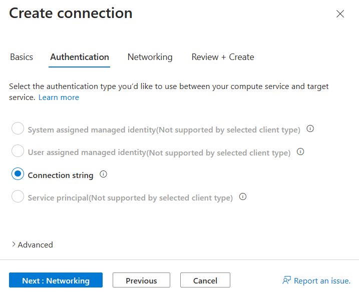 Screenshot of the Azure portal, filling out the Authentication tab.