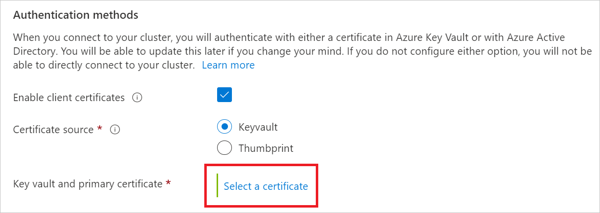 Captura de pantalla del botón Seleccionar un certificado en la sección Método de autenticación de la configuración, PNG.