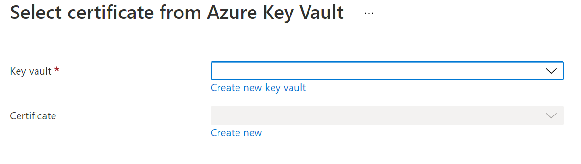 Captura de pantalla de los menús desplegables de Azure Key Vault y certificado, PNG.