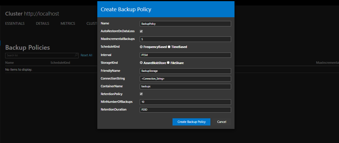 Creación de una directiva de copia de seguridad: Azure Blob Storage