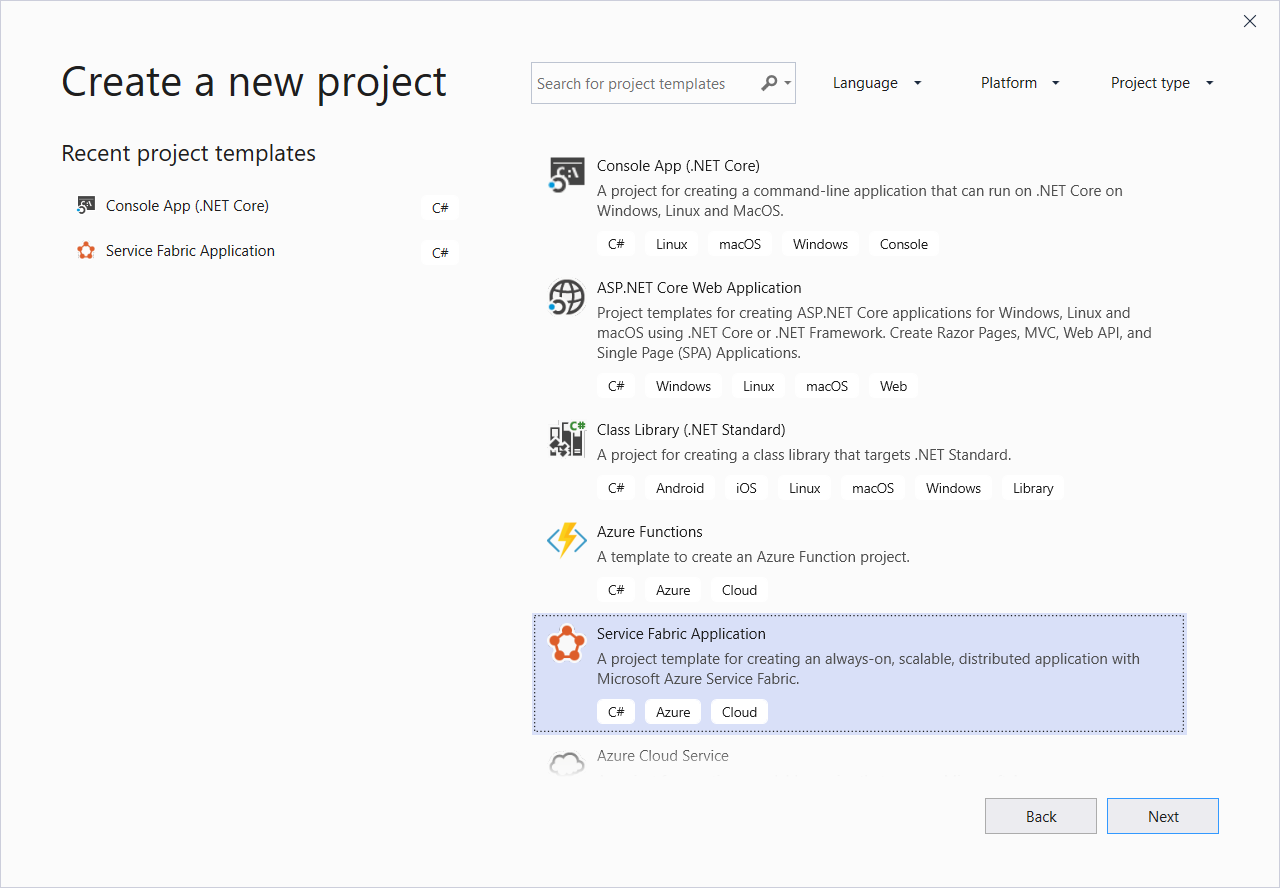 Captura de pantalla que muestra el cuadro de diálogo Crear un nuevo proyecto en Visual Studio.