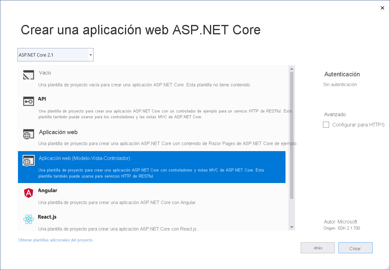 Captura de pantalla que muestra la selección del tipo de proyecto ASP.NET.