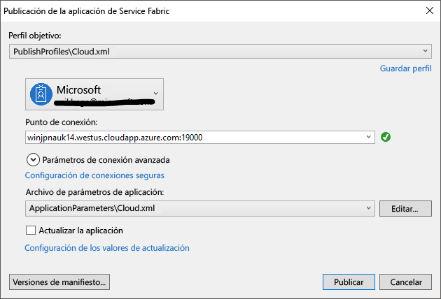 Captura de pantalla que muestra la publicación de una aplicación de Service Fabric.