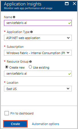 Captura de pantalla que muestra atributos de recurso de Application Insights.
