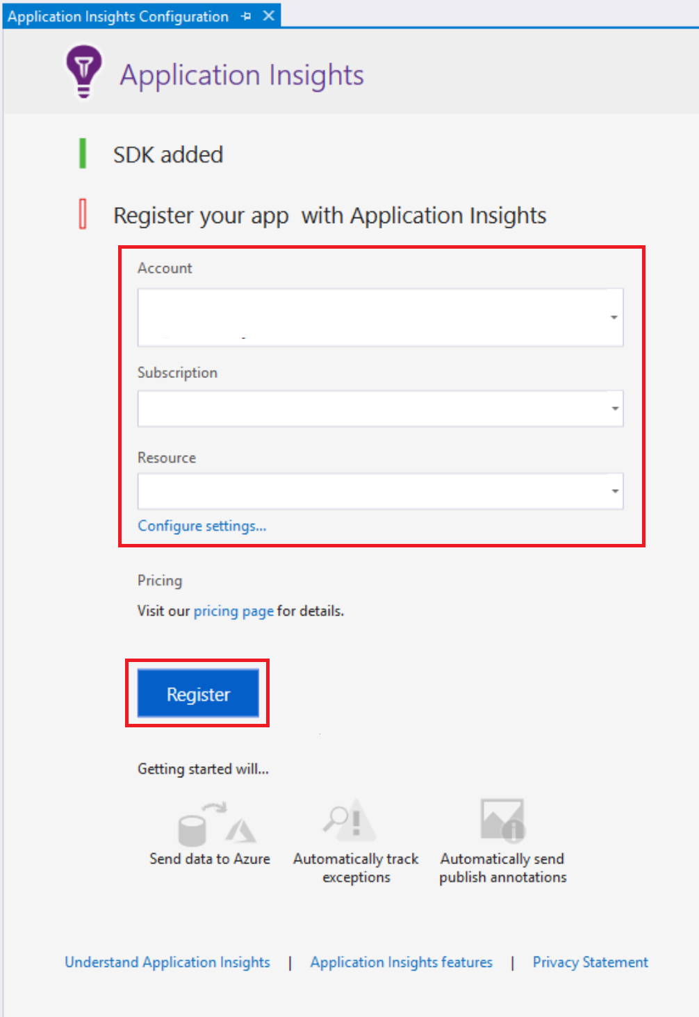 Captura de pantalla que muestra cómo registrar Application Insights.