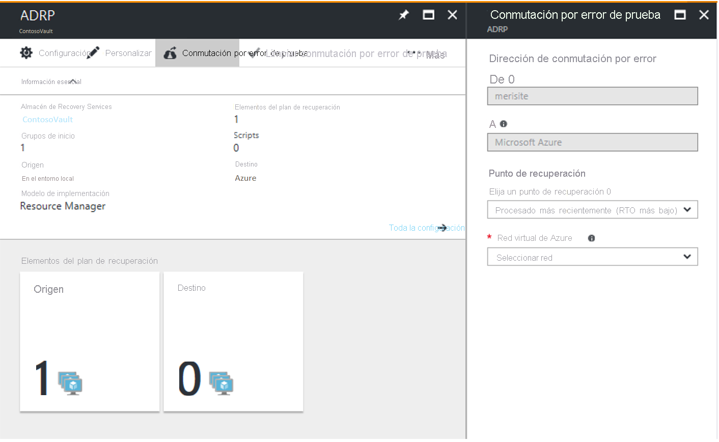 Captura de pantalla de la página Conmutación por error de prueba en Azure Portal.