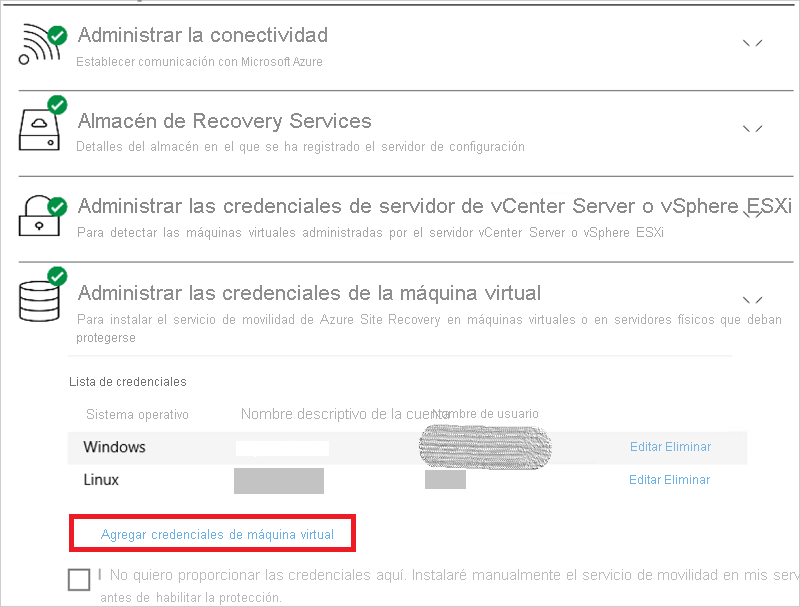 Captura de pantalla que muestra el panel Administrar las credenciales de la máquina virtual con el vínculo Agregar credenciales de máquina virtual.