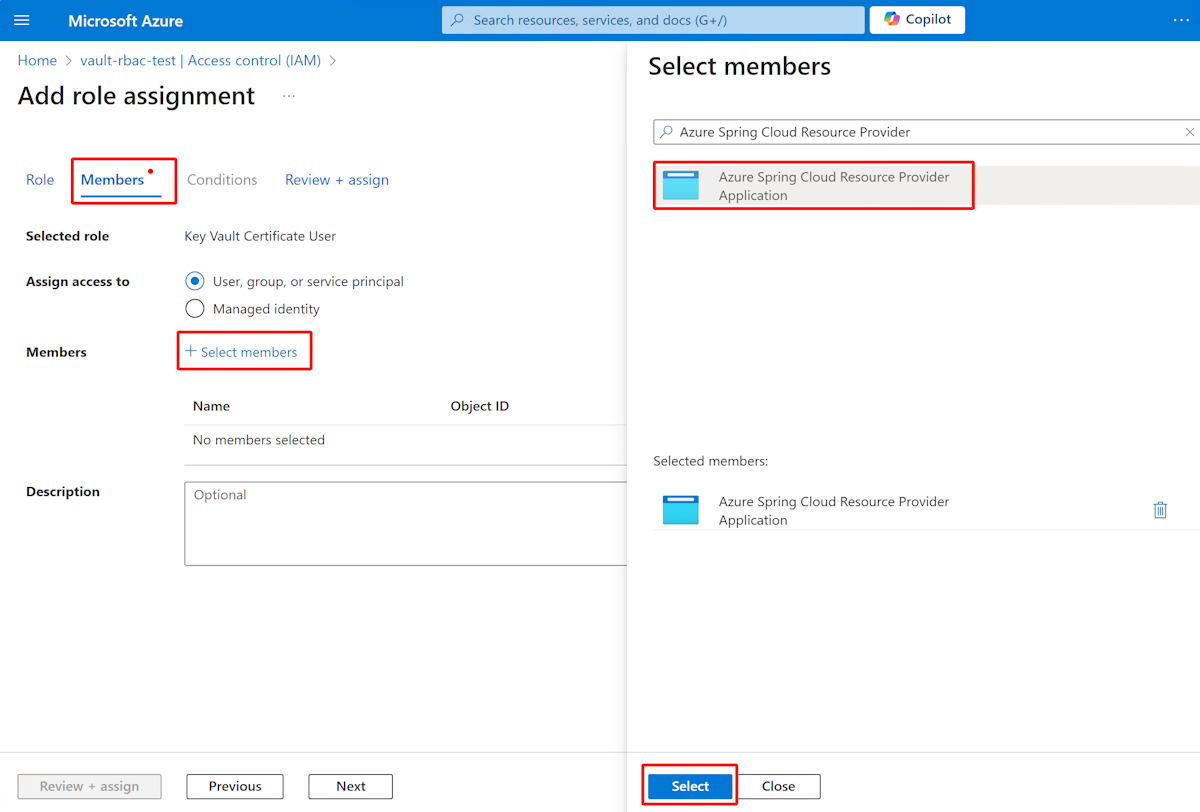 Captura de pantalla de Azure Portal que muestra la página Agregar asignación de roles con el panel Seleccionar miembros mostrado
