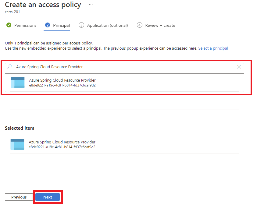 Captura de pantalla de Azure Portal que muestra la pestaña Crear una directiva de acceso con la pestaña Entidad de seguridad con el proveedor de recursos de Azure Spring Cloud resaltado.