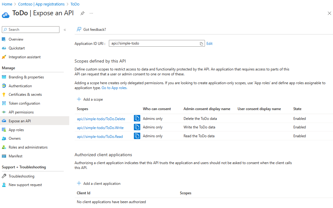 Captura de pantalla de Azure Portal que muestra la página Exponer una API de una aplicación de API RESTful.
