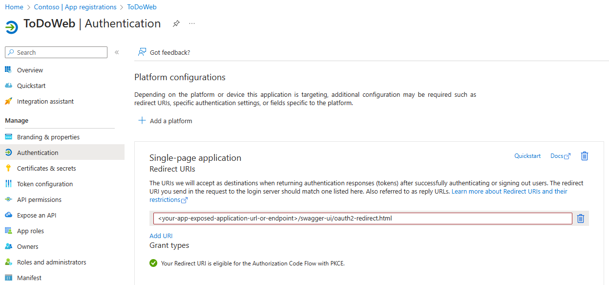 Captura de pantalla de Azure Portal que muestra la página Autenticación de Microsoft Entra ID.