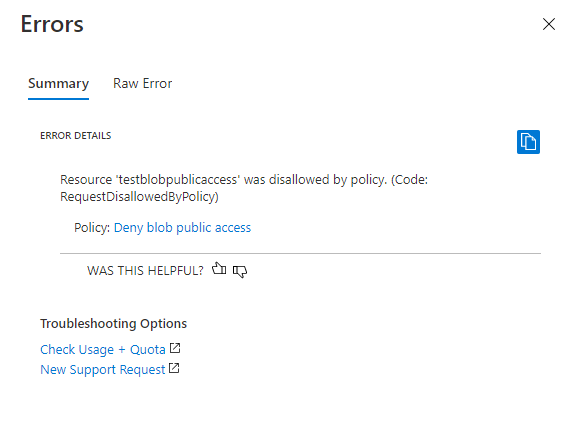 Captura de pantalla que muestra el error que se produce al crear una cuenta de almacenamiento que infringe la directiva