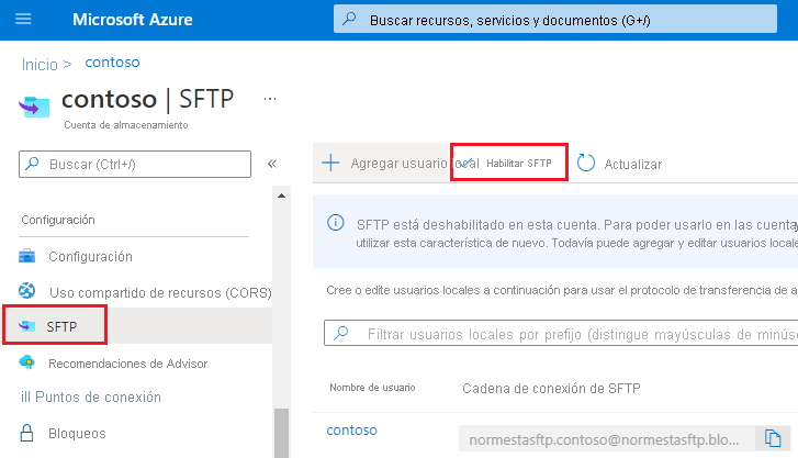 Botón Habilitar SFTP