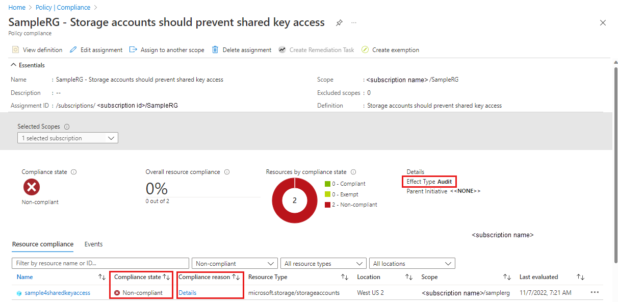 Screenshot showing how to view the compliance report for the Shared Key access built-in policy.