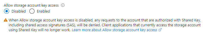 Screenshot showing how to disallow Shared Key access for a storage account.