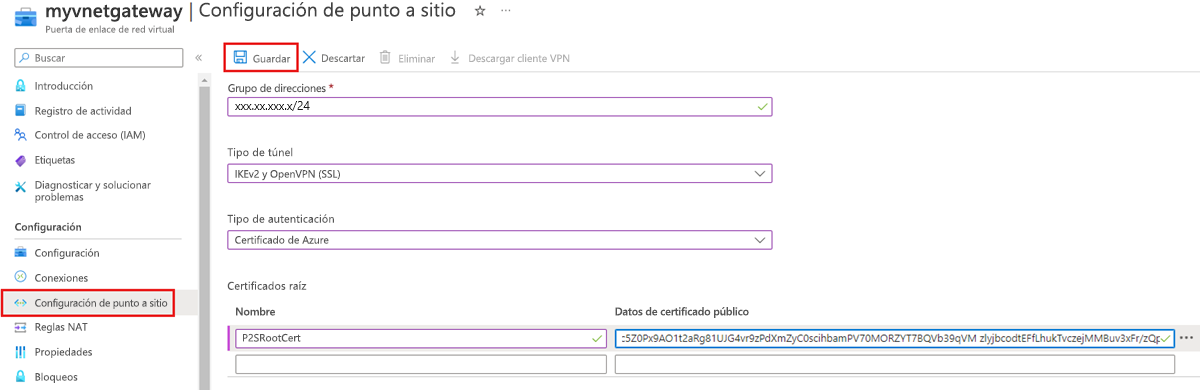 Captura de pantalla que muestra cómo configurar una VPN de punto a sitio mediante Azure Portal.