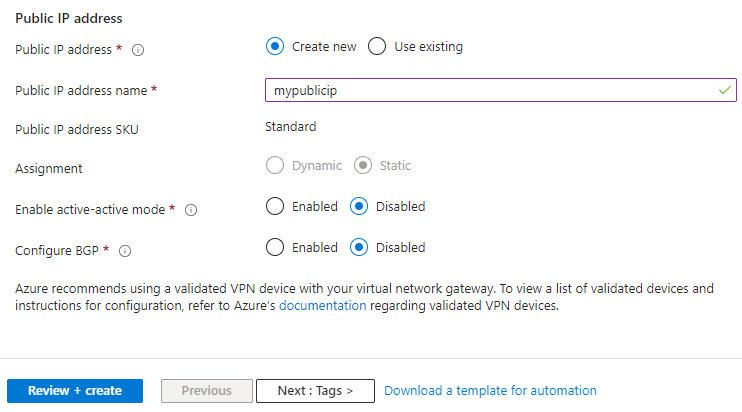 Captura de pantalla que muestra cómo especificar la dirección IP pública de una puerta de enlace de red virtual mediante Azure Portal.