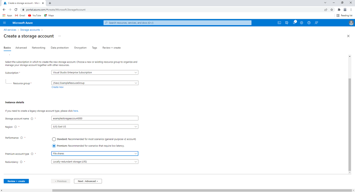 Captura de pantalla en la que se muestra cómo crear una cuenta de almacenamiento en Azure Portal.