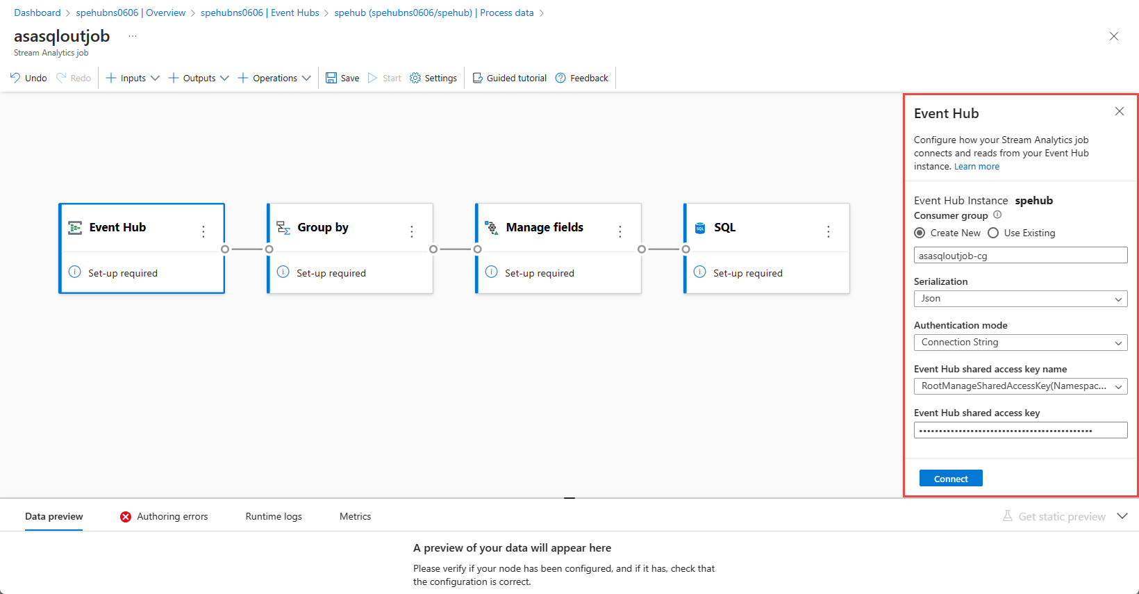 Captura de pantalla que muestra la configuración de conexión de Event Hubs.