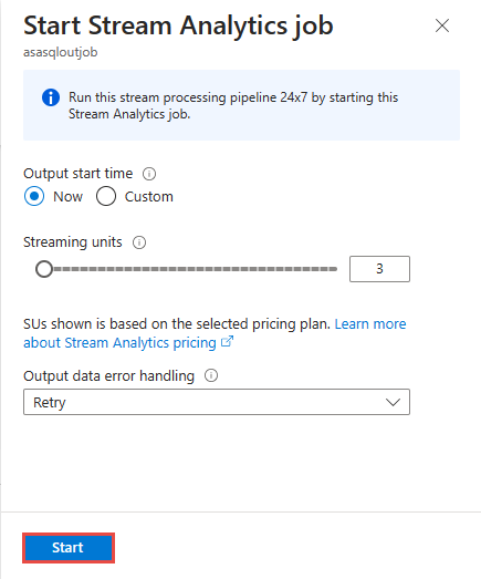 Captura de pantalla que muestra las opciones de Iniciar trabajo de Stream Analytics, donde puede cambiar el tiempo de salida, establecer el número de unidades de streaming y seleccionar las opciones de control de errores de los datos de salida.