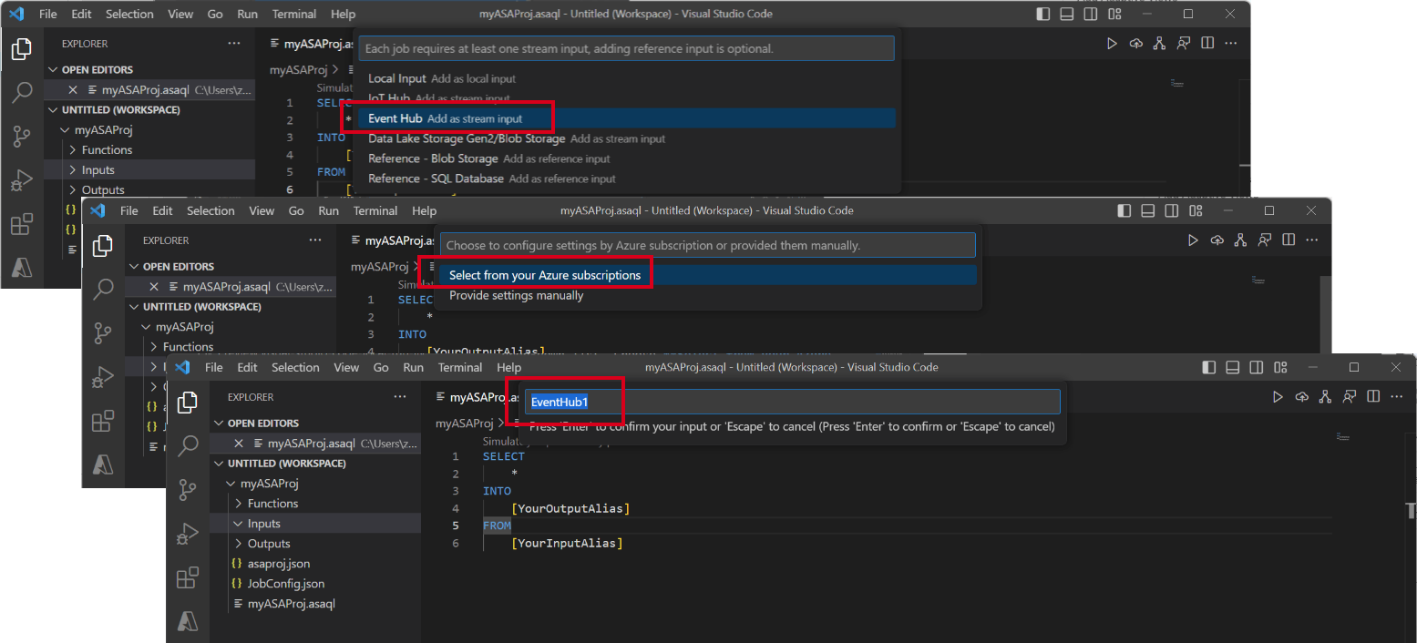 Captura de pantalla de la extensión de VSCode que muestra una serie de pasos para la configuración de la entrada de Event Hubs.