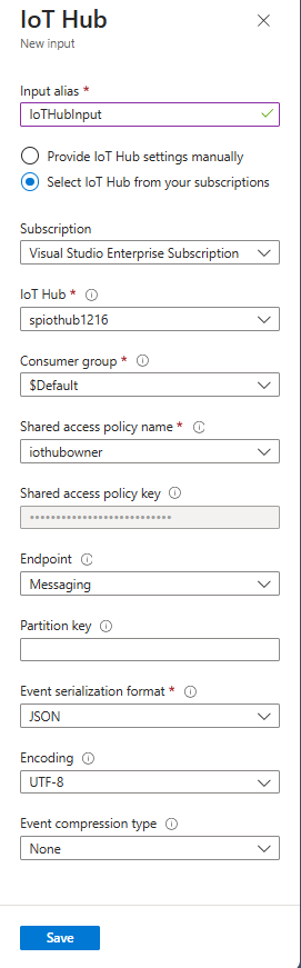 Screenshot showing the New input page to enter input IoT hub information.