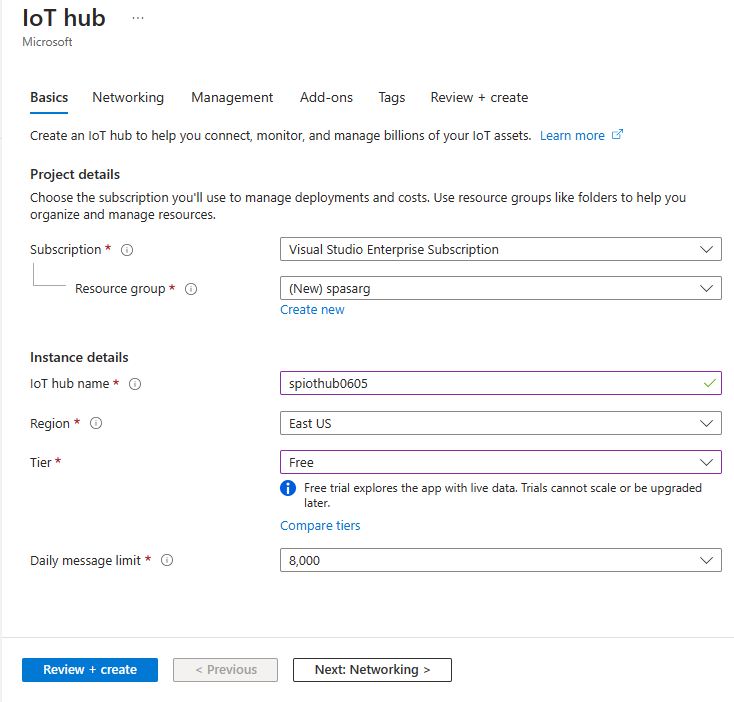 Screenshot showing the IoT Hub page for creation.