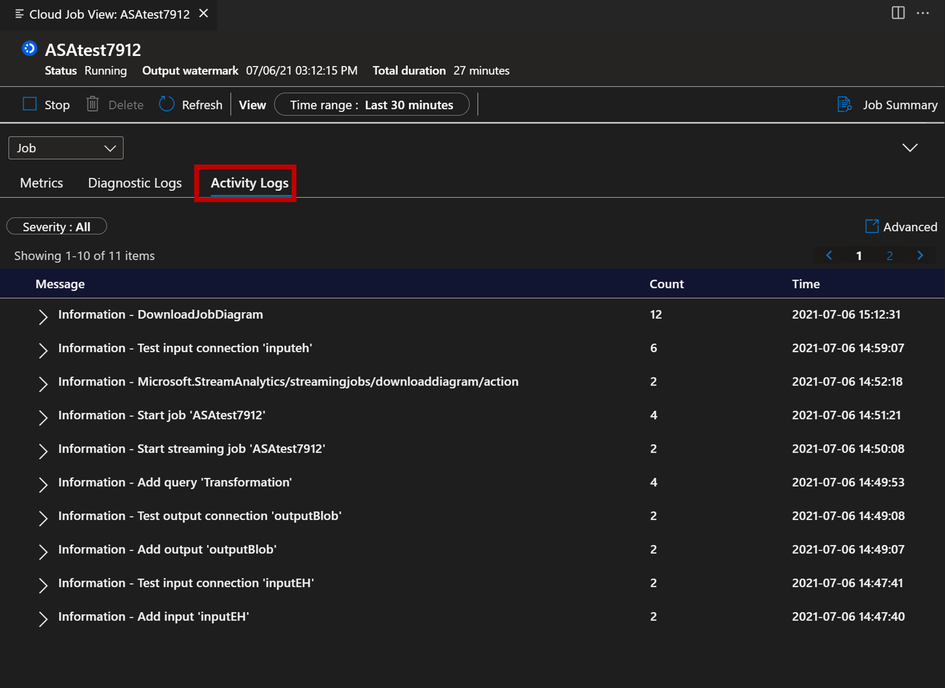 Captura de pantalla de la vista Registro de actividad en la extensión de VSCode.