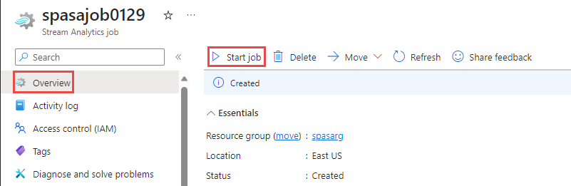 Screenshot that shows the selection of Start job button on the Overview page.