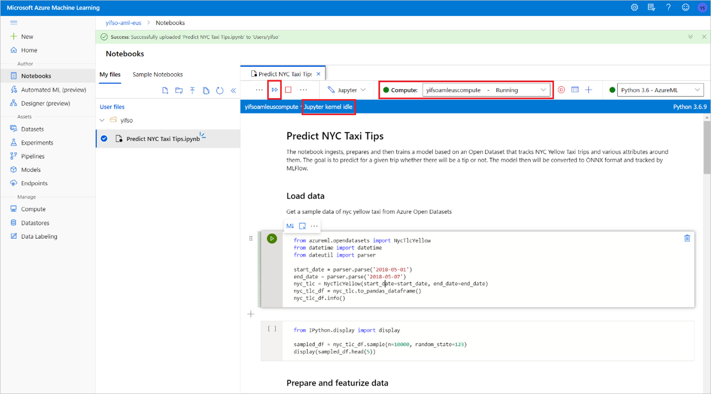 Captura de pantalla que muestra la comprobación del proceso de Azure Machine Learning.