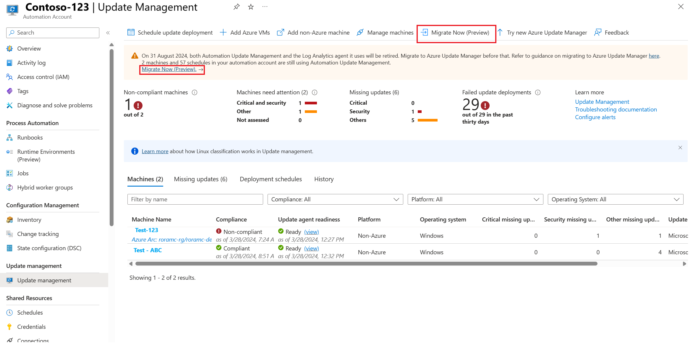 Captura de pantalla que muestra cómo migrar desde el punto de entrada de Update Management de Automation.