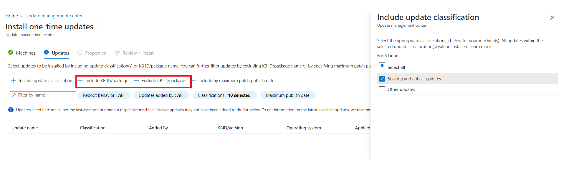 Captura de pantalla que muestra el cambio de los criterios de selección de actualización de la configuración de mantenimiento.