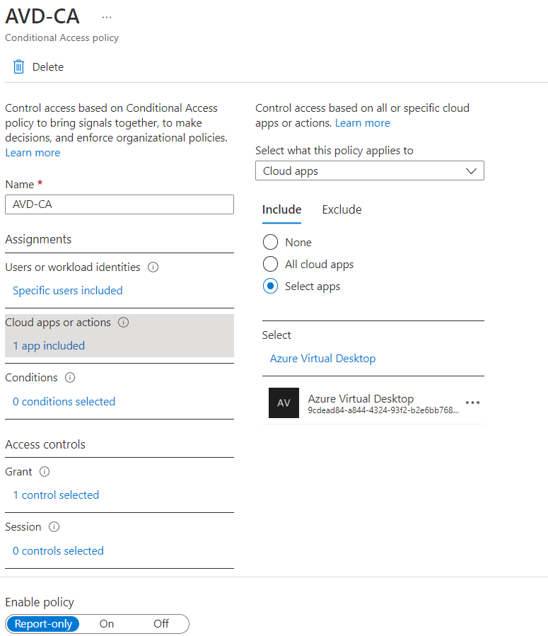 Captura de pantalla de la página de acciones o aplicaciones en la nube de acceso condicional. Se muestra la aplicación Azure Virtual Desktop.