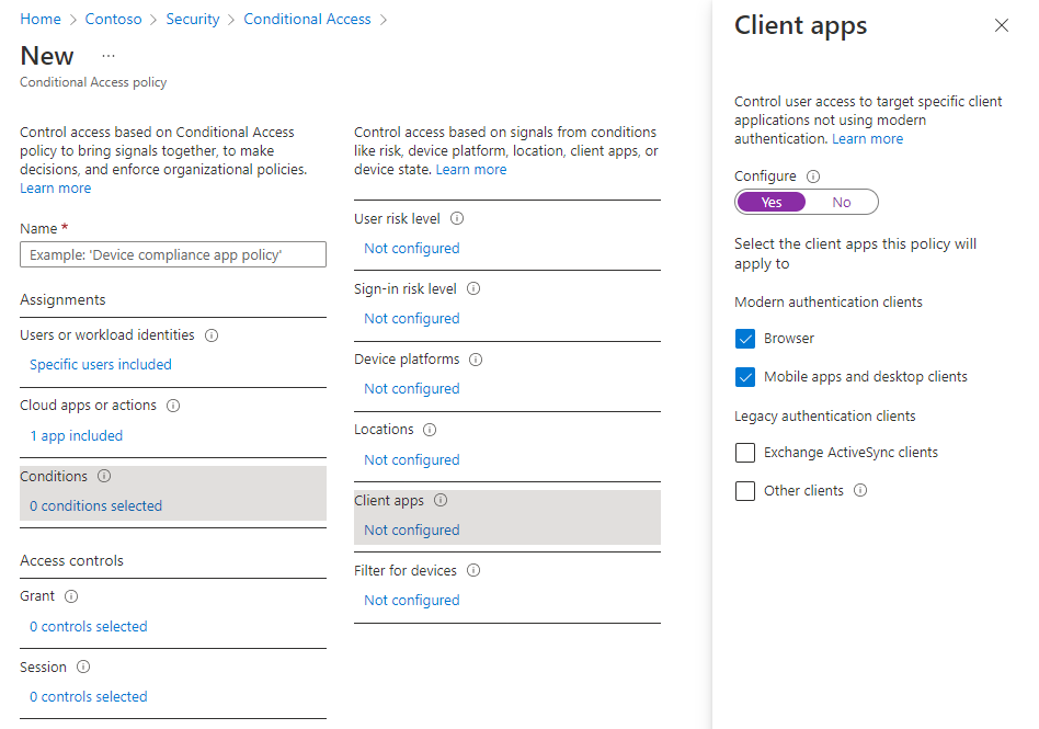 Captura de pantalla de la página de aplicaciones cliente de acceso condicional. El usuario ha seleccionado las casillas de aplicaciones móviles, aplicaciones de escritorio y comprobación del explorador.