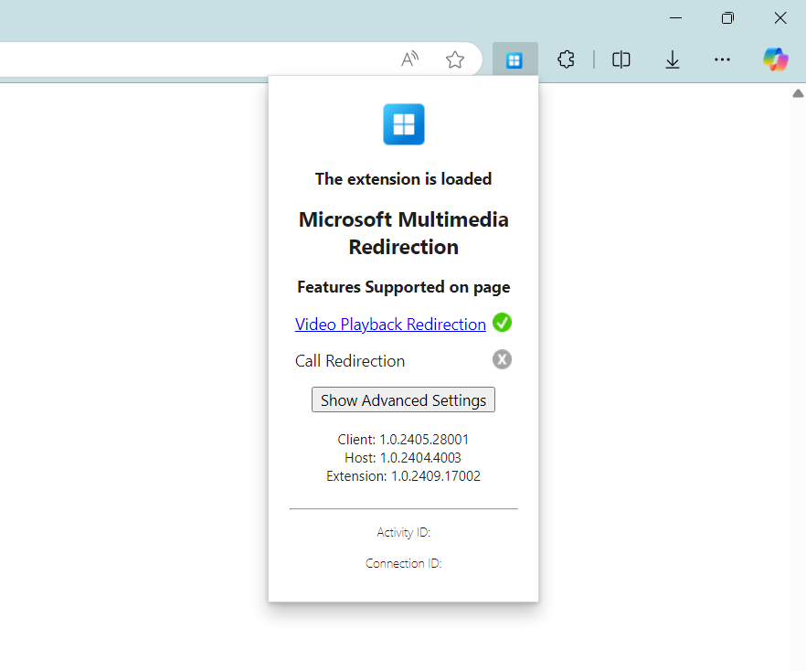 Recorte de pantalla de la extensión de redireccionamiento multimedia en la barra de extensiones de Microsoft Edge con el redireccionamiento de reproducción de video habilitado.