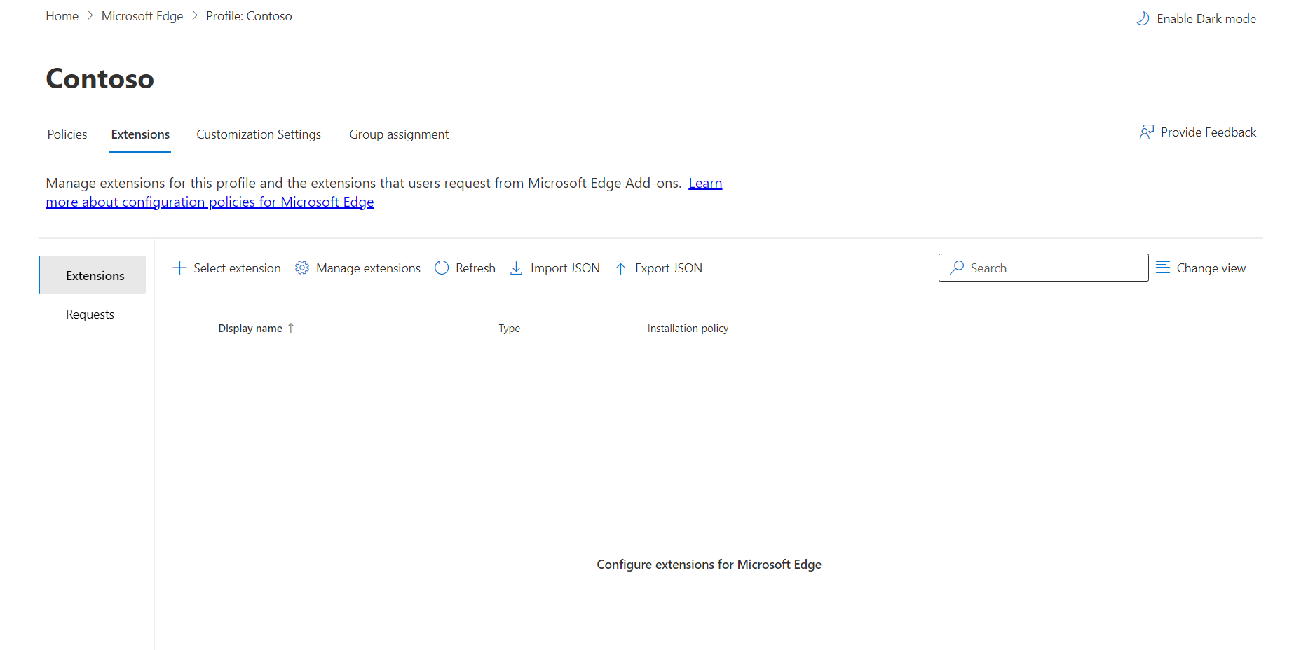 Recorte de pantalla en el que se muestra la pestaña extensiones vacías en un perfil de configuración de Microsoft Edge.