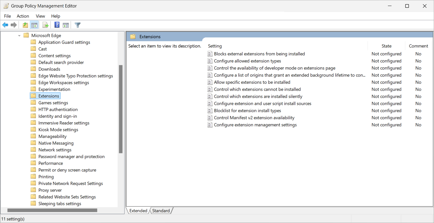 Recorte de pantalla en el que se muestran las opciones de extensiones de Microsoft Edge en el editor de directiva de grupo.