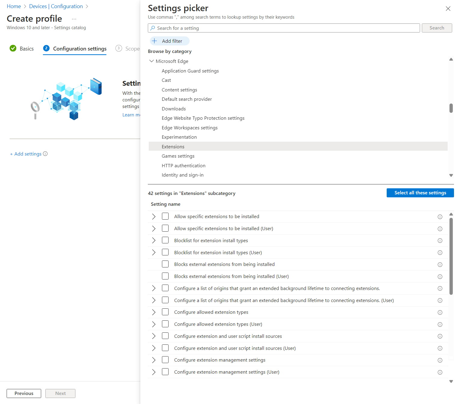 Recorte de pantalla en el que se muestran las opciones de extensiones de Microsoft Edge en el portal de Microsoft Intune.