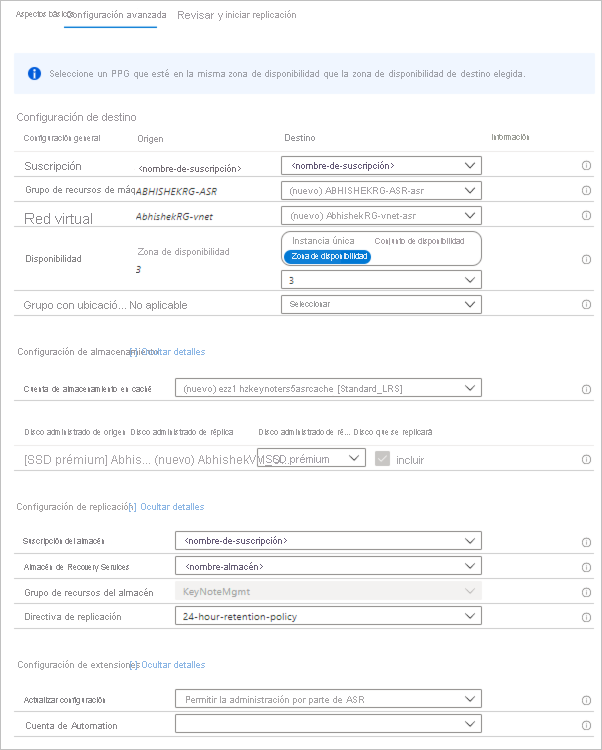 Page showing summary of target and replication settings.