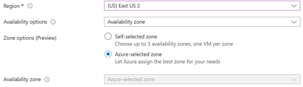Captura de pantalla que muestra cómo elegir una zona seleccionada por Azure.
